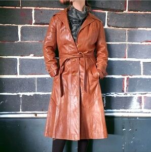 Vintage 70s Overa Leather Jacket Chocolate Brown Belted 80s Trench Coat Size 18